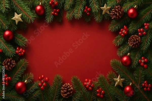 Obraz Christmas wreath border with red background and festive ornaments