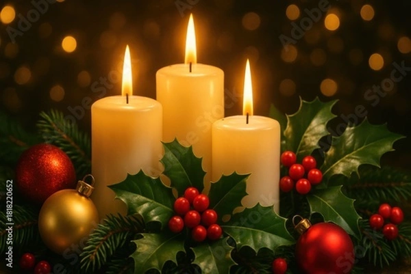 Obraz Three lit christmas candles with festive decorations and bokeh lights