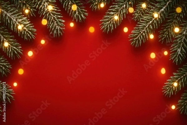 Obraz Christmas tree branches with warm glowing lights on a red background