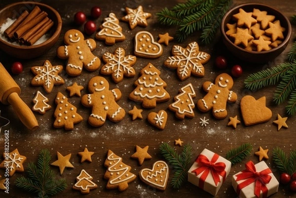 Obraz Festive christmas gingerbread cookies and decorations on a wooden table
