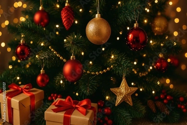 Obraz Festive christmas tree with ornaments presents and warm glowing lights