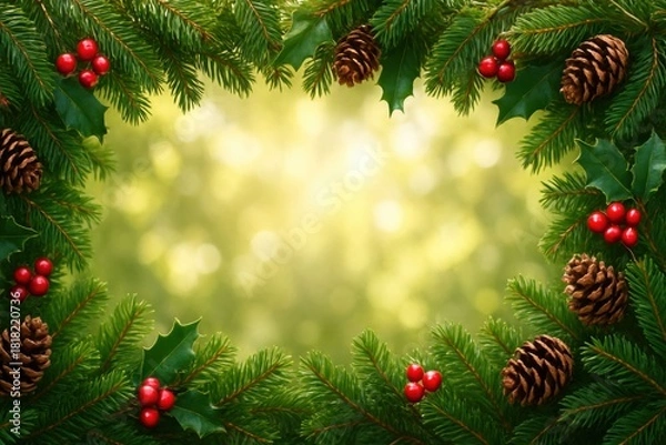 Obraz Festive christmas wreath with pine cones and holly berries border