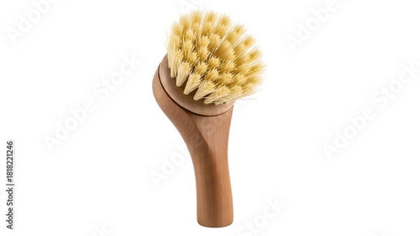 Fototapeta Wooden-handled cleaning brush, round bristles. Angled view against black backdrop