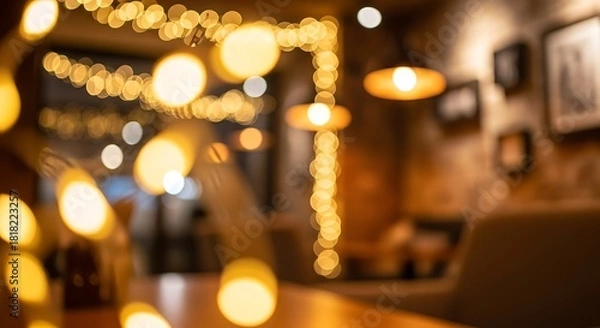 Obraz Warm yellow bokeh lights create cozy atmosphere in dimly lit room image