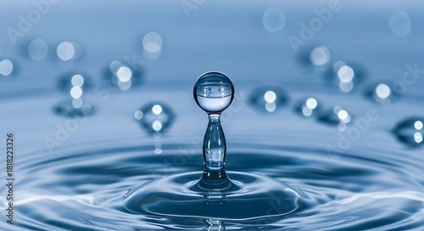Obraz Water droplet suspended above rippling blue liquid surface splash ripple