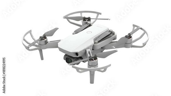 Fototapeta Small, white drone with folded arms, ready for flight, isolated on black background