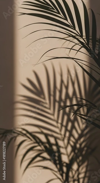 Fototapeta Sunlight casting dramatic palm leaf shadows on a neutral-toned wall, creating a serene and minimalist aesthetic