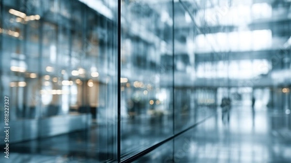 Fototapeta A blurred glass wall of a modern business office building, set in a business center, with abstract reflections creating a contemporary backdrop, emphasizing the sleek design and corporate environment