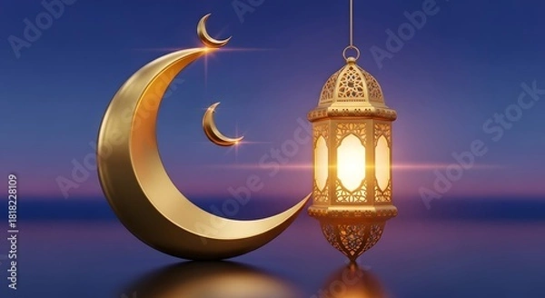 Fototapeta A beautiful 3D illustration of a golden crescent moon and an illuminated Arabic lantern for the holy month of Ramadan