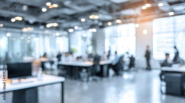 Fototapeta Abstract blurred interior modern office space with business people working banner background with copy space. High quality