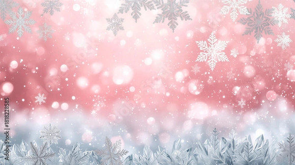 Fototapeta A silvery pink winter background with a bokeh effect, a snowstorm, blizzard and a festive mood. Perfect for cards, greetings, and holiday backdrops. Horizontal banner with space for copy and text