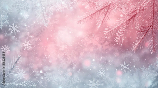 Fototapeta A silvery pink winter background with a bokeh effect, fir branches, a snowstorm, and a festive mood. Perfect for cards, greetings, and holiday backdrops. Horizontal banner with space for copy and text