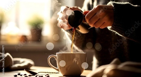 Obraz Steaming Coffee Pouring into Mug with Bokeh Lights and Cozy Swea