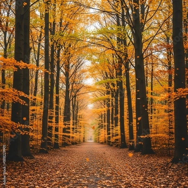 Fototapeta Pathway Through Autumnal Forest A Scenic View of Colorful Leaves and Tall Trees