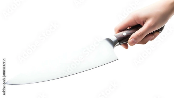 Fototapeta Hand holding a large, shiny chef's knife against a black background, angled view