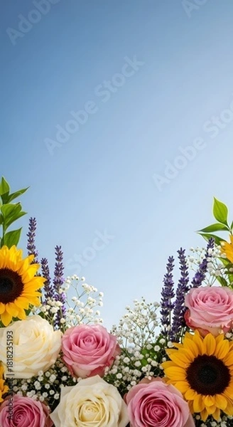 Fototapeta A vibrant bouquet of sunflowers, roses, and lavender against a clear blue sky, perfect for spring and summer themes