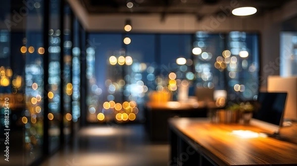 Fototapeta A night-time view of a beautifully abstract, blurred office interior room. The working space is depicted with a defocused effect, creating a soft and elegant ambiance that highlights the room's modern