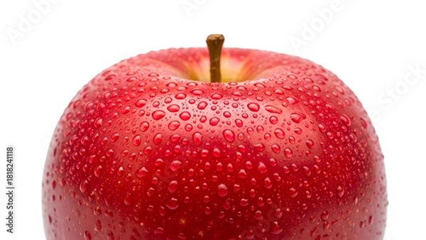 Fototapeta Close-up of a glossy, red apple with water droplets, isolated on black