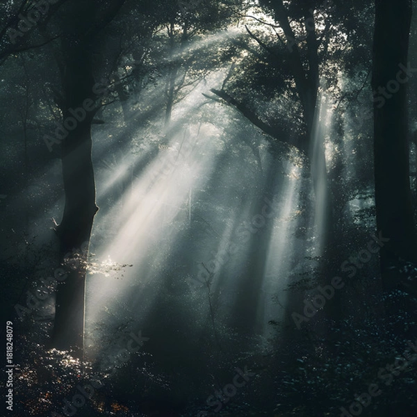 Fototapeta Forest trees receiving dramatic light rays through fog