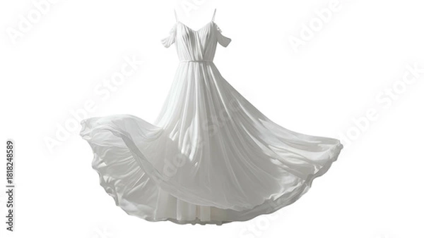 Fototapeta Flowing white gown with delicate straps and a flowing skirt, set against a black background