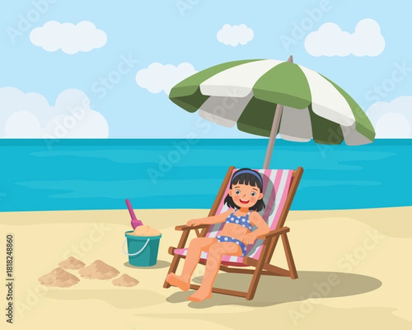 Obraz Little girl sitting on beach chair relaxing under umbrella on the beach at summer vacation