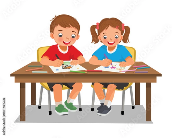 Obraz Two kids students drawing coloring at the table together