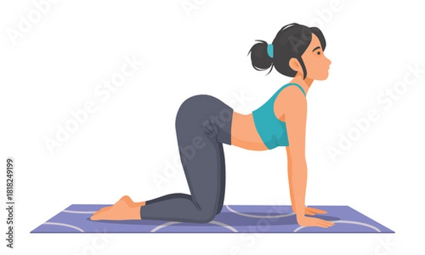 Fototapeta Woman practicing yoga doing cat cow pose on the mat