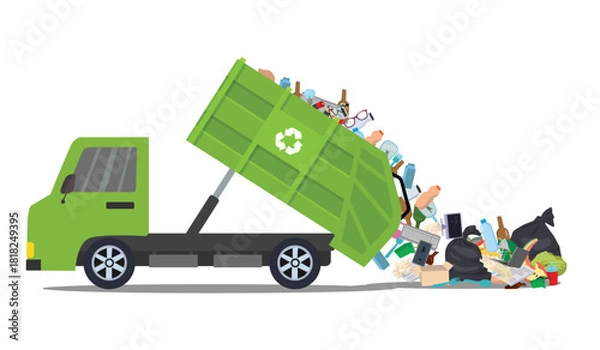 Fototapeta Garbage truck unloading wastes and trashes into the landfill site
