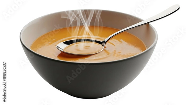 Fototapeta Steaming bowl of orange soup with a spoon, angled to show the contents