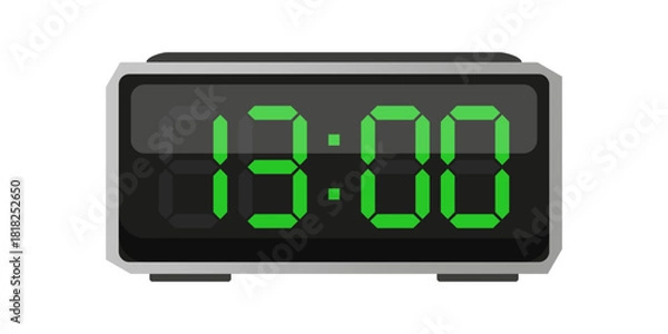 Obraz Digital alarm clock. Thirteen hours time. Time 13 00. Green numbers vector. Electronic LED display.