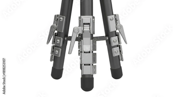 Fototapeta Close-up of a tripod base with locking mechanisms against a black background