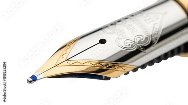Fototapeta Close-up of a fountain pen nib with ornate engravings, gold trim, and blue ink