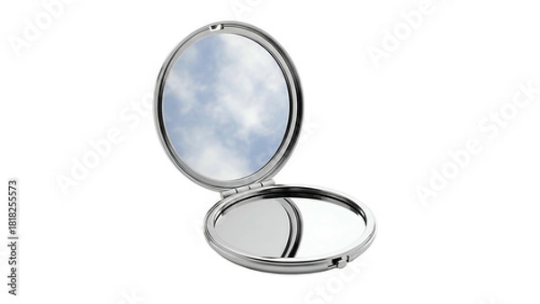 Fototapeta Open silver compact mirror reflecting a cloudy blue sky, isolated on black