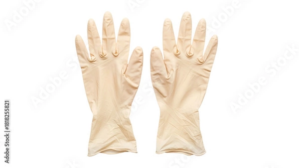 Fototapeta Two beige rubber gloves, isolated against a solid black background, showing details