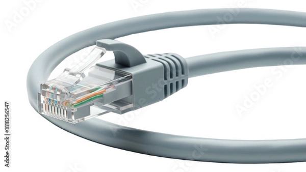 Fototapeta Close-up of a grey network cable with transparent RJ45 connector, coiled, on black