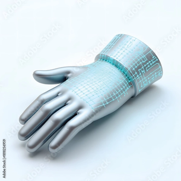 Obraz Futuristic VR gaming gloves in metallic silver with glowing blue-green finger tracking patterns, detailed 3D render on a clean white background