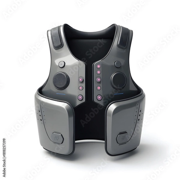 Fototapeta Futuristic VR haptic vest with multiple vibration pads and a vibrant digital panel, detailed 3D render on a clean white background