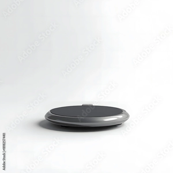 Fototapeta Sleek futuristic VR treadmill with metallic circular base and dark support ring, detailed 3D render on a clean white background