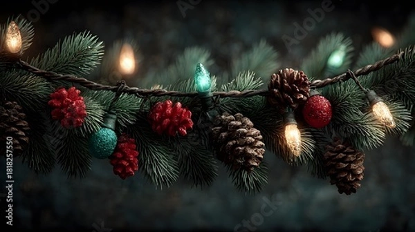 Fototapeta Colorful Christmas lights are burning on a fir branch.