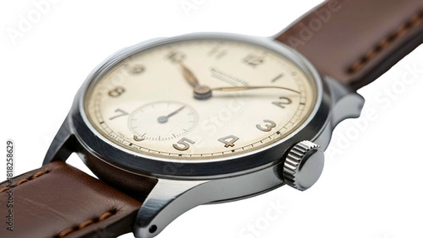 Fototapeta A close-up of a vintage-style wristwatch with a cream dial and leather strap