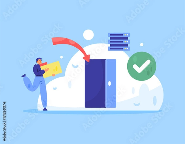 Fototapeta Illustration of a man wanting to put his data and files into a cloud. Secure cloud storage concept. Digital data storage services on the internet. Technology. Flat design. Blue background.