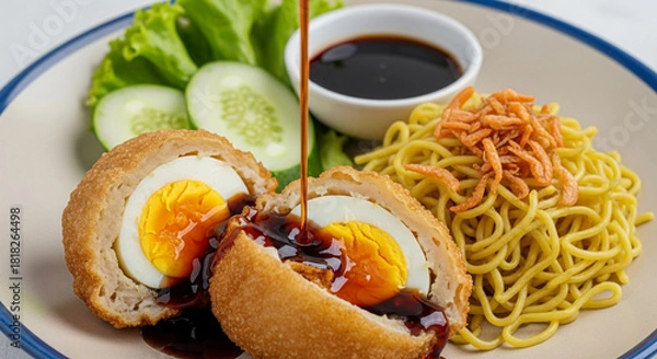 Fototapeta Pempek Kapal Selam: Indonesian Fried Fish Cake with Boiled Egg from Palembang