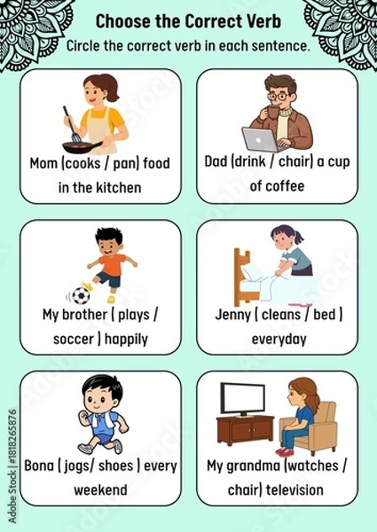 Obraz Choose the Correct Verb Worksheet Grammar Exercise for Kids