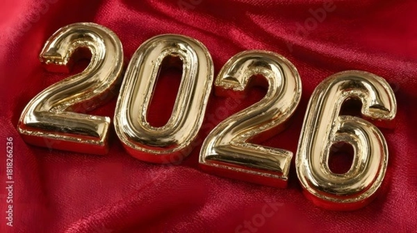 Fototapeta The golden numbers with the inscription "2026" stand out against the shimmering dark red fabric.