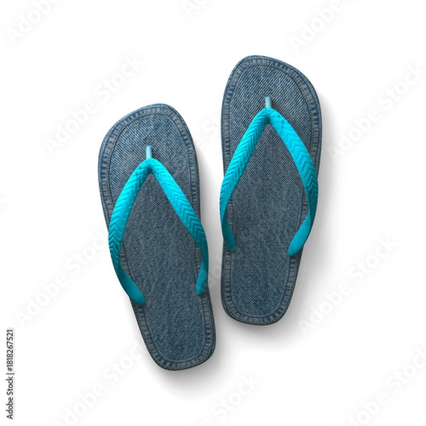 Fototapeta Stylish flip-flops featuring a denim fabric texture and blue straps, isolated on a white background. Perfect for summer themes, beach designs, fashion t-shirts, concepts, and creative product, 3d rend