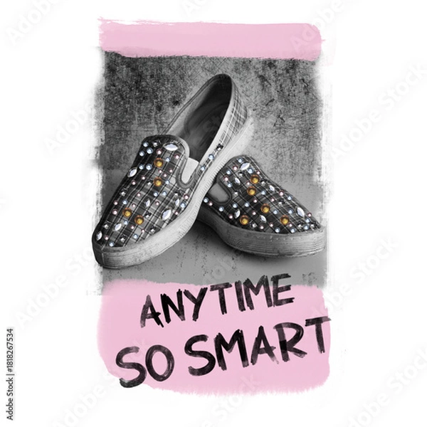 Fototapeta Stylish slip-on shoes decorated with colorful crystals on a grunge black-and-white background with pink brush strokes and bold text. Trendy fashion artwork for design.t-shirts, and print use.