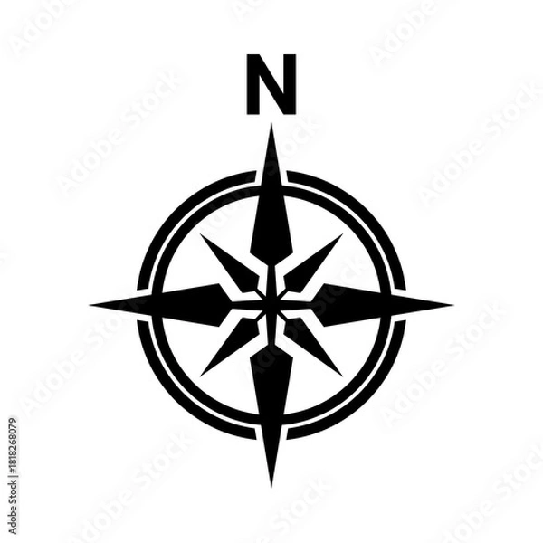 Obraz Solid Black Compass Rose Icon with North Indicator | Navigation Geography Symbol Vector
