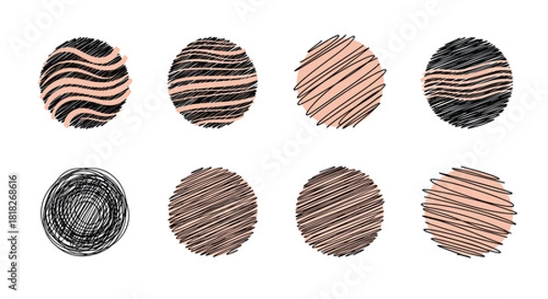 Fototapeta Collection of abstract circular highlight covers with hand-drawn scribble textures in black and nude pink for social media.