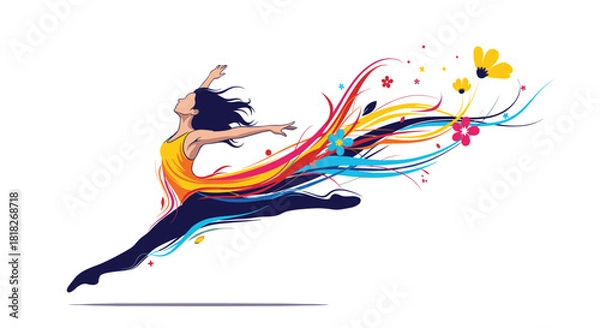Fototapeta Dynamic illustration of a woman leaping in joy with colorful abstract swirls and flowers flowing from her expressing freedom.