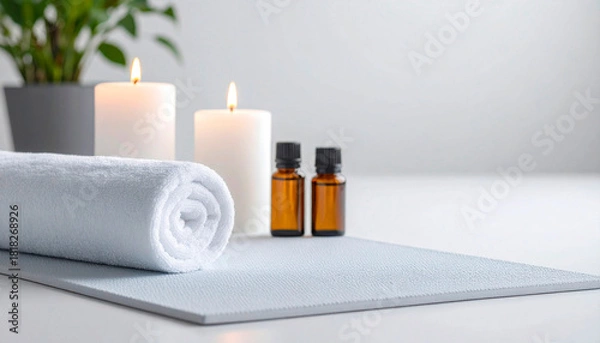 Fototapeta A serene spa setting with a rolled white towel, two lit candles, and essential oil bottles on a light mat.